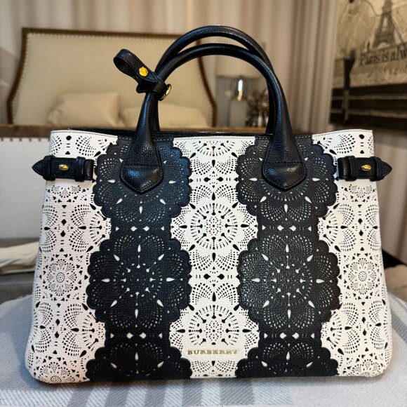 Burberry Medium Derby Perforated Lace Stripe Banner Tote Bag - Picture 1 of 16